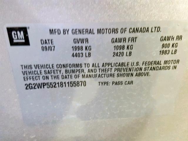 2G2WP552181155870 - 2008 PONTIAC GRAND PRIX SILVER photo 10