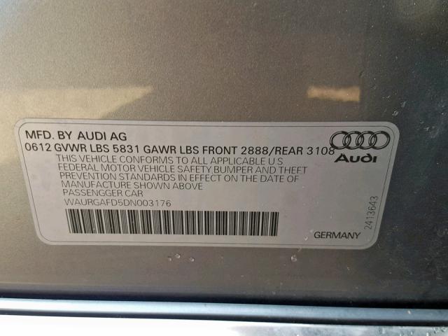 WAURGAFD5DN003176 - 2013 AUDI A8 L QUATT GRAY photo 10