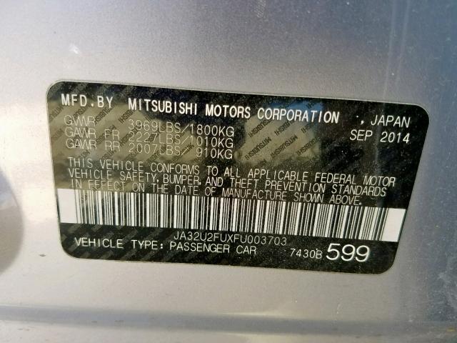 JA32U2FUXFU003703 - 2015 MITSUBISHI LANCER ES SILVER photo 10