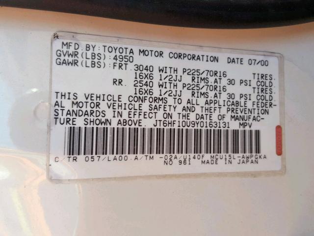 JT6HF10U9Y0163131 - 2000 LEXUS RX 300 WHITE photo 10