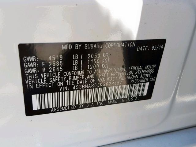 4S3BNAS63K3028457 - 2019 SUBARU LEGACY SPO WHITE photo 10