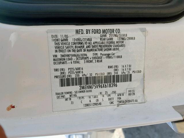 2MEHM75V96X618396 - 2006 MERCURY GRAND MARQ WHITE photo 10