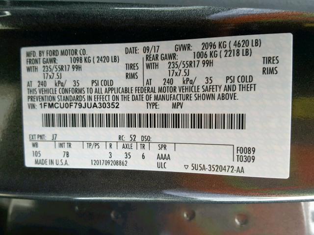 1FMCU0F79JUA30352 - 2018 FORD ESCAPE S GRAY photo 10