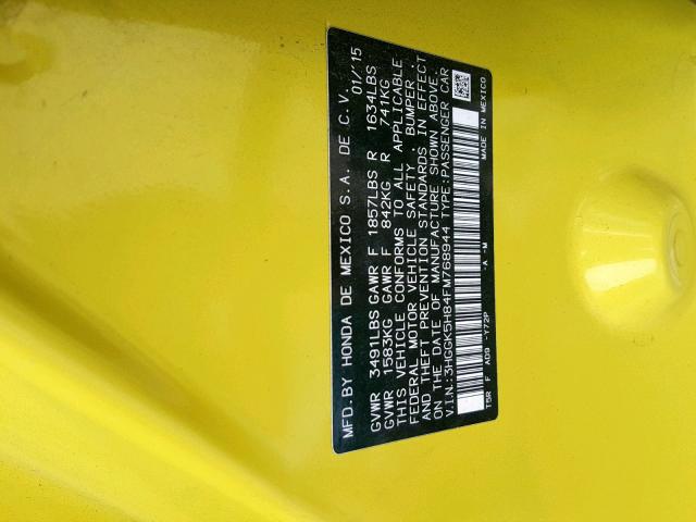 3HGGK5H84FM768944 - 2015 HONDA FIT EX YELLOW photo 10