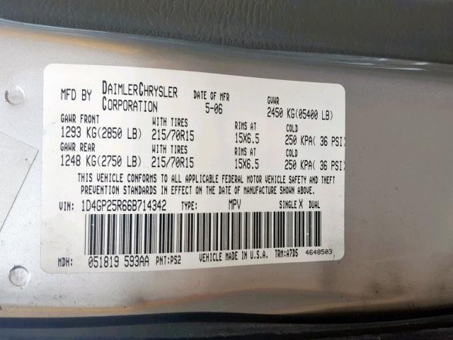 1D4GP25R66B714342 - 2006 DODGE CARAVAN SE SILVER photo 10