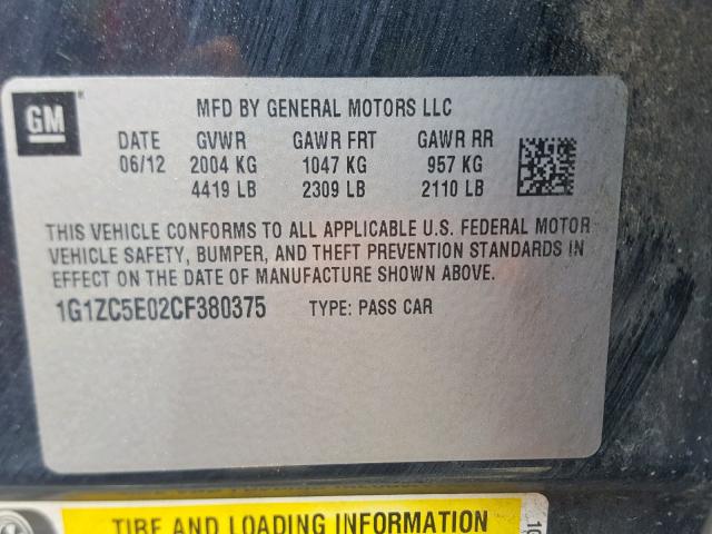 1G1ZC5E02CF380375 - 2012 CHEVROLET MALIBU 1LT 灰色 照片 10