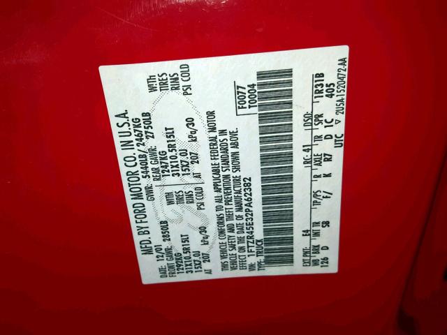 1FTZR45E32PA62382 - 2002 FORD RANGER SUP RED photo 10