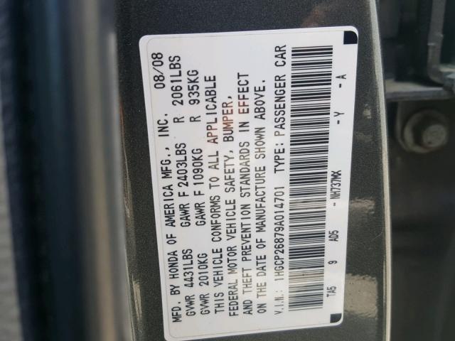 1HGCP26879A014701 - 2009 HONDA ACCORD EXL GRAY photo 10