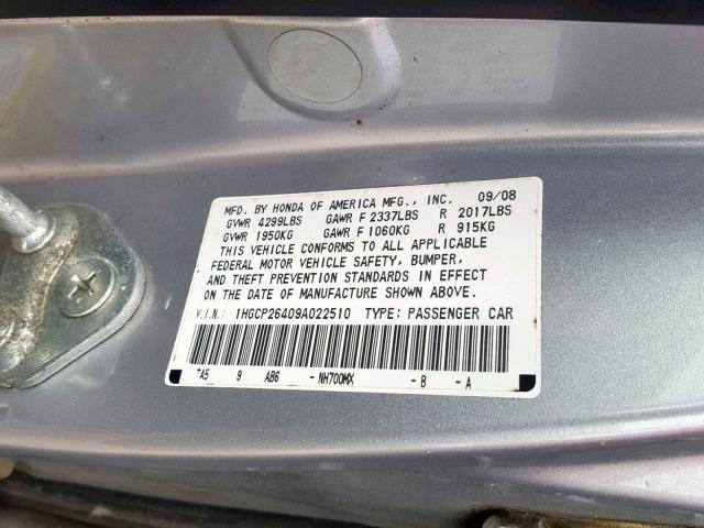 1HGCP26409A022510 - 2009 HONDA ACCORD LXP SILVER photo 10