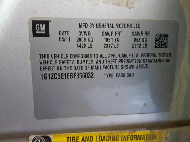 1G1ZC5E16BF356832 - 2011 CHEVROLET MALIBU 1LT 银色 照片 10