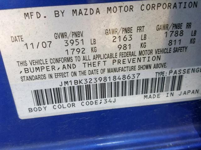 JM1BK323981848637 - 2008 MAZDA 3 S BLUE photo 10