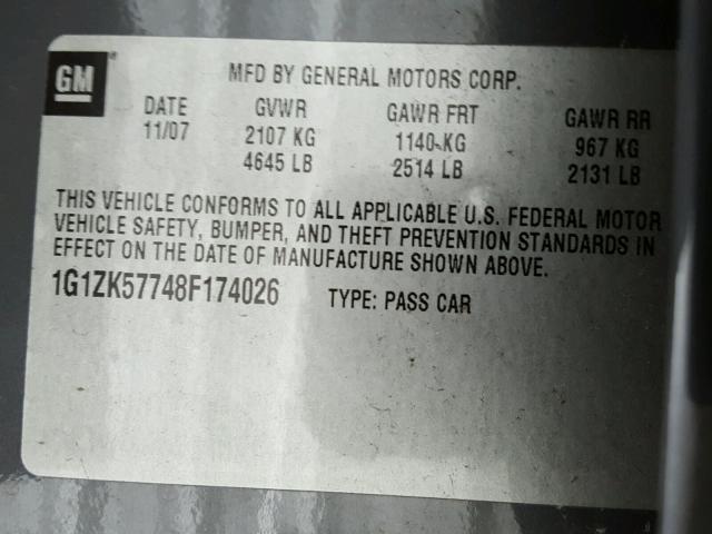 1G1ZK57748F174026 - 2008 CHEVROLET MALIBU LTZ ნაცრისფერი ფოტო 10