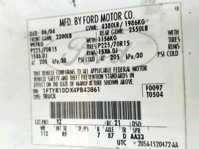 1FTYR10DX4PB43861 - 2004 FORD RANGER WHITE photo 10