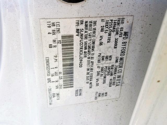 5LMFU27RX3LJ39420 - 2003 LINCOLN NAVIGATOR 白色 照片 10