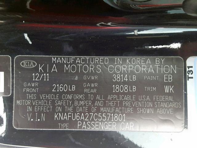 KNAFU6A27C5571801 - 2012 KIA FORTE EX BLACK photo 10