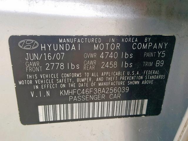 KMHFC46F38A256039 - 2008 HYUNDAI AZERA SE SILVER photo 10