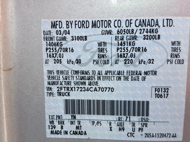 2FTRX17234CA70770 - 2004 FORD F-150 HERI GRAY photo 10