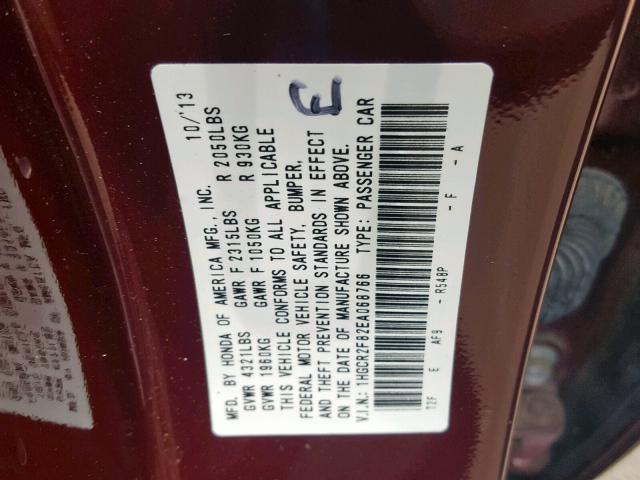 1HGCR2F82EA068766 - 2014 HONDA ACCORD EXL MAROON photo 10