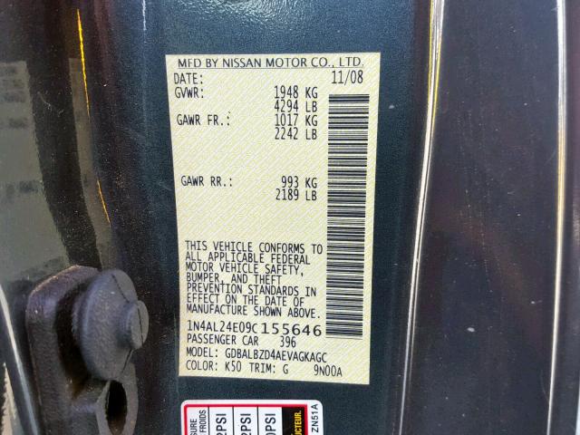 1N4AL24E09C155646 - 2009 NISSAN ALTIMA 2.5 GRAY photo 10