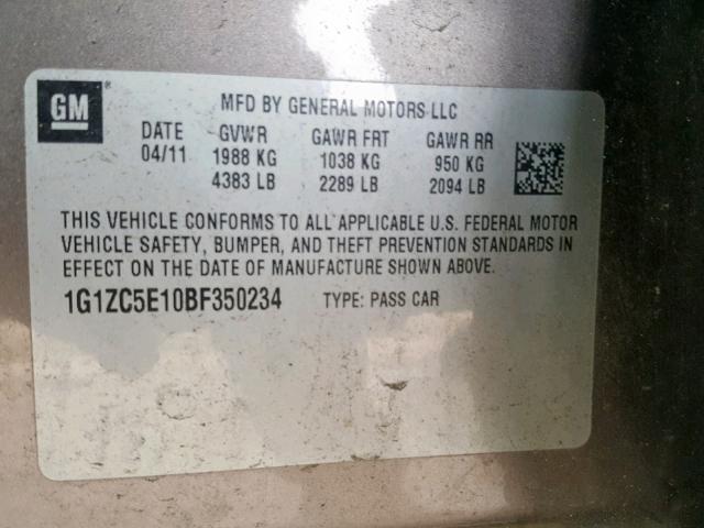 1G1ZC5E10BF350234 - 2011 CHEVROLET MALIBU 1LT 灰色 照片 10