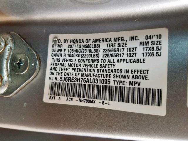 5J6RE3H76AL031095 - 2010 HONDA CR-V EXL SILVER photo 10