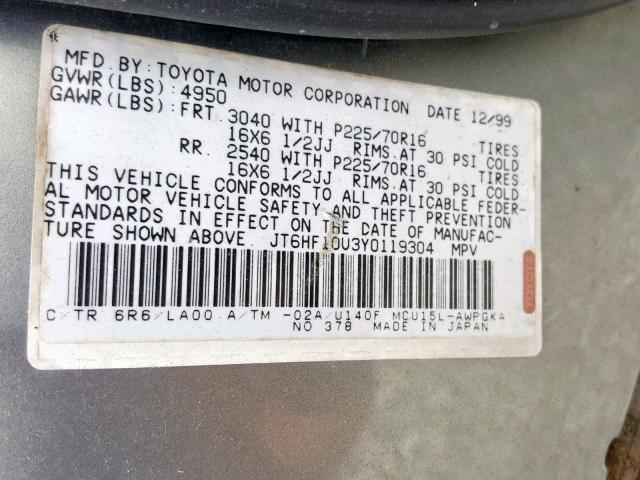 JT6HF10U3Y0119304 - 2000 LEXUS RX 300 GRAY photo 10