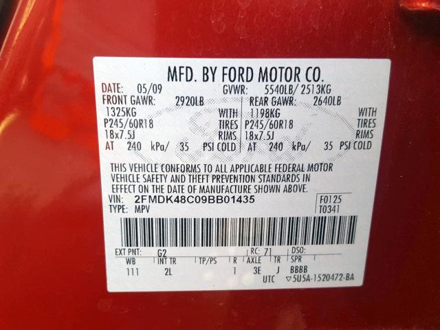 2FMDK48C09BB01435 - 2009 FORD EDGE SEL RED photo 10