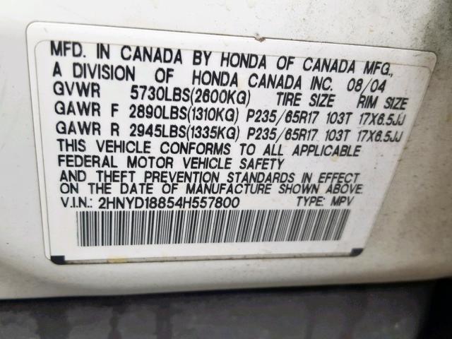 2HNYD18854H557800 - 2004 ACURA MDX TOURIN WHITE photo 10