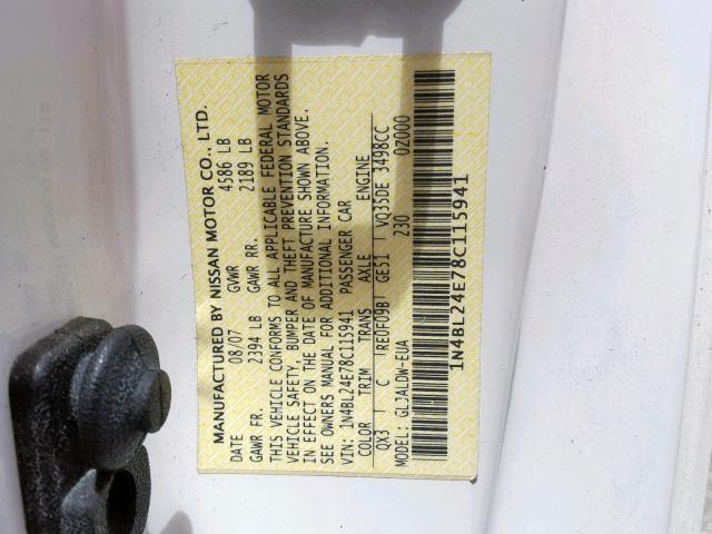 1N4BL24E78C115941 - 2008 NISSAN ALTIMA 3.5 WHITE photo 10