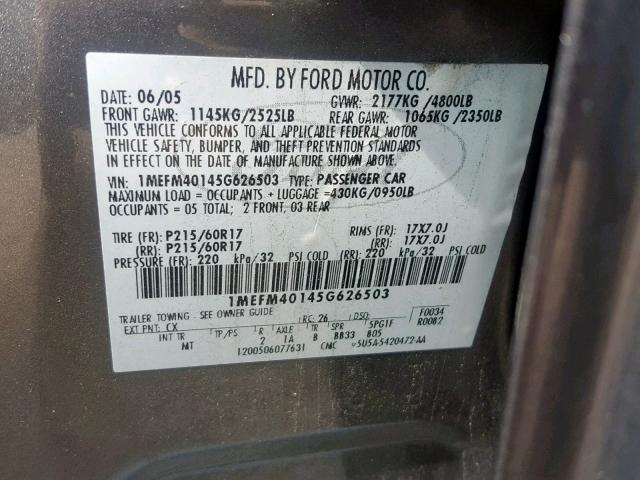 1MEFM40145G626503 - 2005 MERCURY MONTEGO LU GRAY photo 10