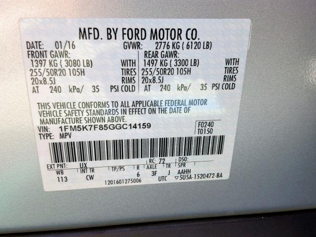 1FM5K7F85GGC14159 - 2016 FORD EXPLORER L SILVER photo 10