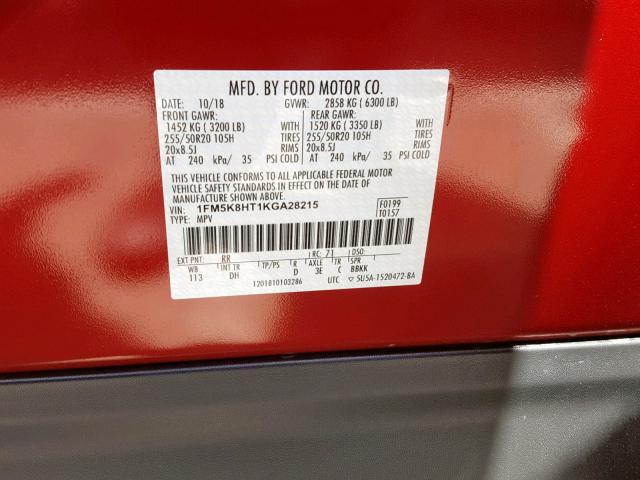 1FM5K8HT1KGA28215 - 2019 FORD EXPLORER P RED photo 10