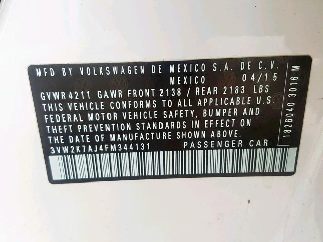 3VW2K7AJ4FM344131 - 2015 VOLKSWAGEN JETTA BASE Սպիտակ լուսանկար 10