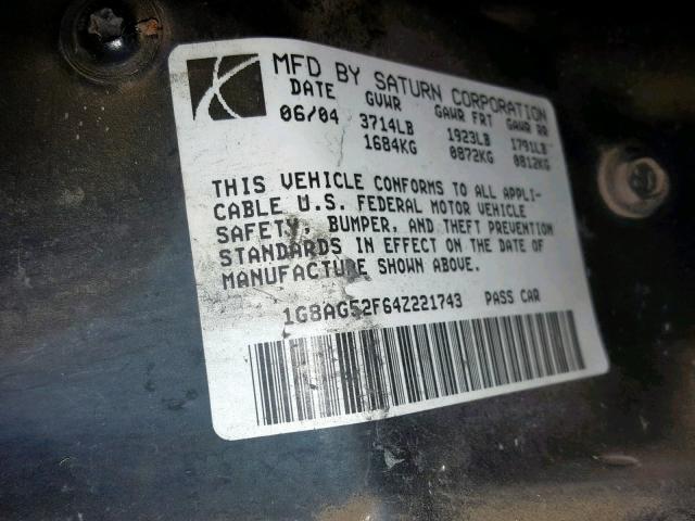 1G8AG52F64Z221743 - 2004 SATURN ION LEVEL BLACK photo 10