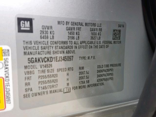 5GAKVCKD1EJ345097 - 2014 BUICK ENCLAVE SILVER photo 10