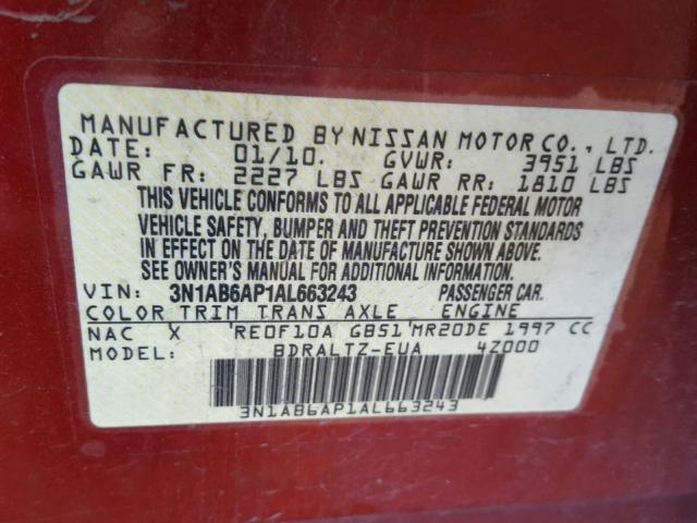 3N1AB6AP1AL663243 - 2010 NISSAN SENTRA 2.0 RED photo 10