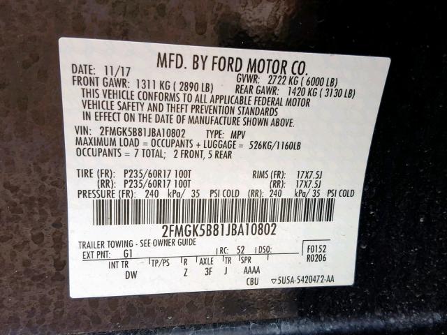 2FMGK5B81JBA10802 - 2018 FORD FLEX SE BLACK photo 10