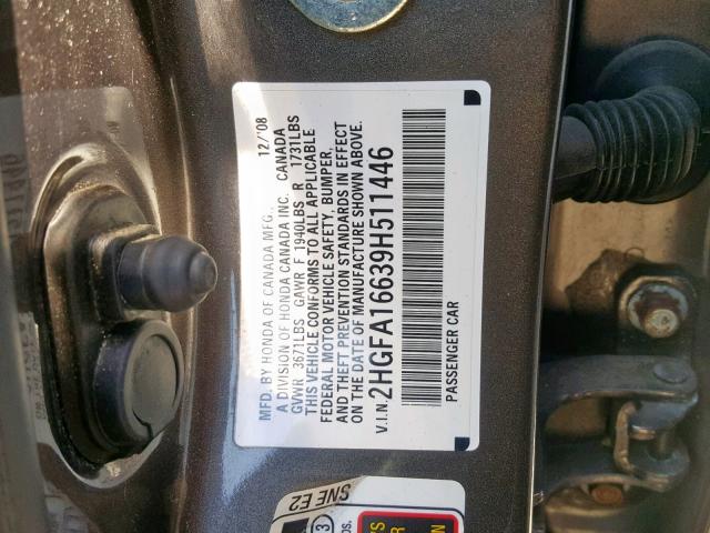 2HGFA16639H511446 - 2009 HONDA CIVIC LX-S رمادي صورة 10