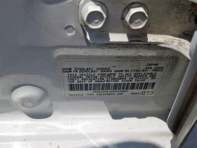 JA3AJ26E46U043983 - 2006 MITSUBISHI LANCER ES WHITE photo 10