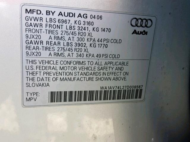 WA1AV74L27D008567 - 2007 AUDI Q7 4.2 QUA SILVER photo 10