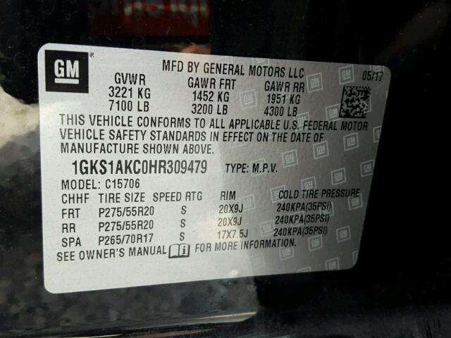 1GKS1AKC0HR309479 - 2017 GMC YUKON SLE BLACK photo 10