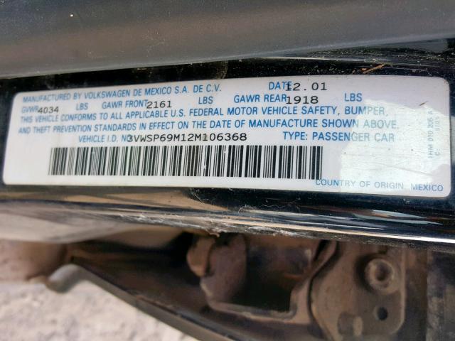 3VWSP69M12M106368 - 2002 VOLKSWAGEN JETTA GLS BLACK photo 10