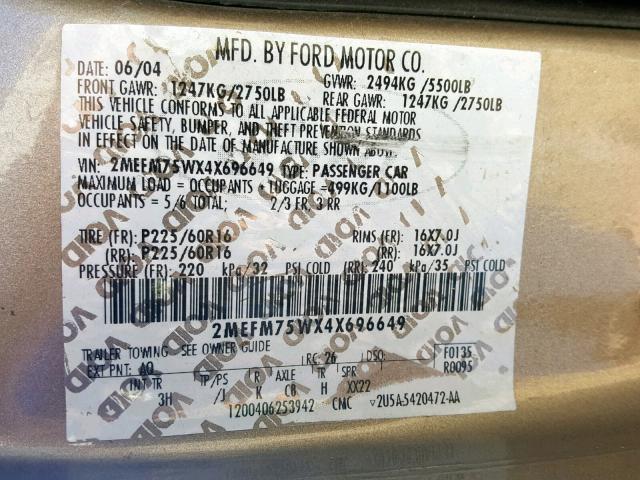 2MEFM75WX4X696649 - 2004 MERCURY GRAND MARQ GOLD photo 10