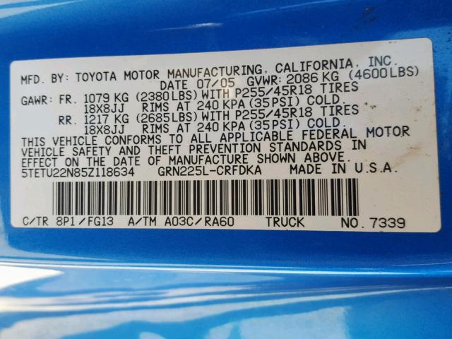 5TETU22N85Z118634 - 2005 TOYOTA TACOMA X-R BLUE photo 10