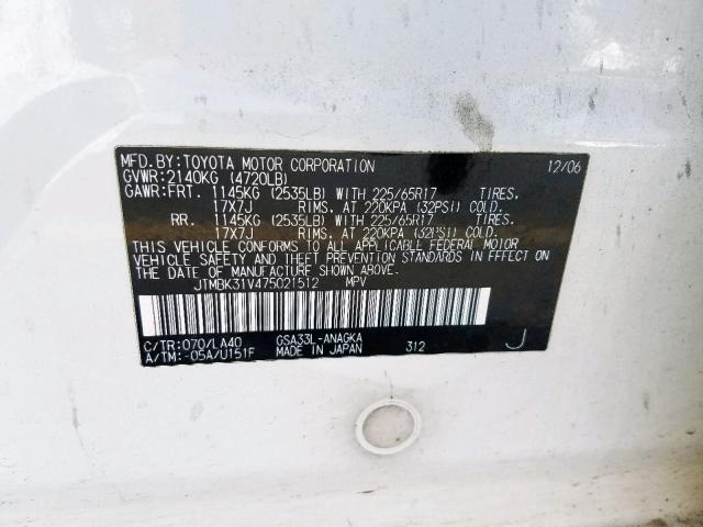 JTMBK31V475021512 - 2007 TOYOTA RAV4 LIMIT WHITE photo 10