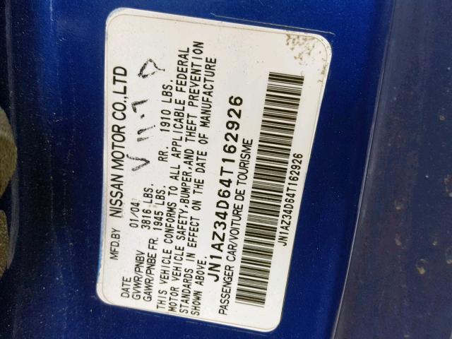 JN1AZ34D64T162926 - 2004 NISSAN 350Z COUPE BLUE photo 10