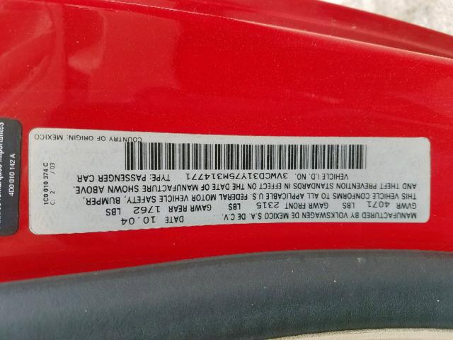 3VWCD31Y75M314771 - 2005 VOLKSWAGEN NEW BEETLE წითელი ფოტო 10