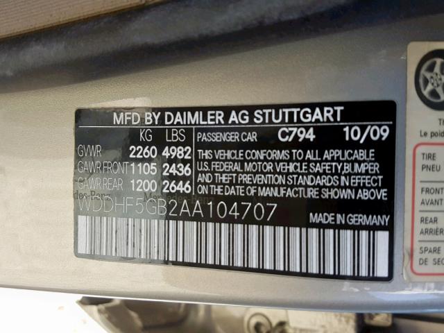 WDDHF5GB2AA104707 - 2010 MERCEDES-BENZ E 350 GOLD photo 10