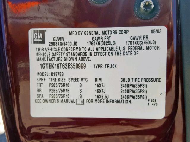 1GTEK19T63E350999 - 2003 GMC NEW SIERRA BURGUNDY photo 10