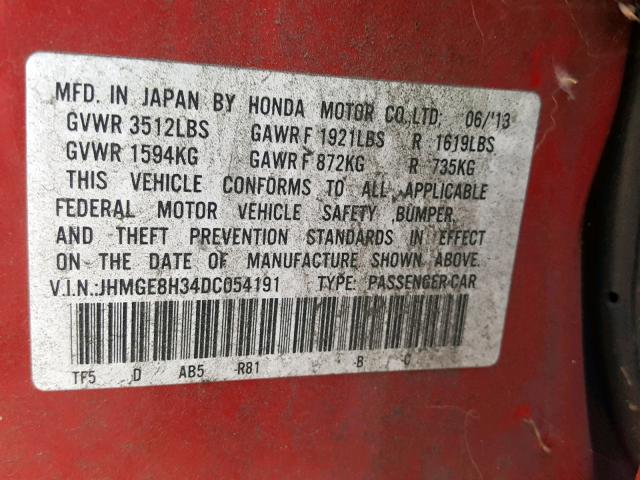 JHMGE8H34DC054191 - 2013 HONDA FIT RED photo 10